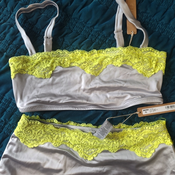 SKIMS Two-Piece Bikini Set in Light Gray with Neon Yellow Lace - Picture 4 of 10